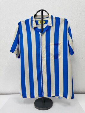 Duvin Mens Large Blue White Stripe Camp Collar Shirt Tencel Linen Resort Beach